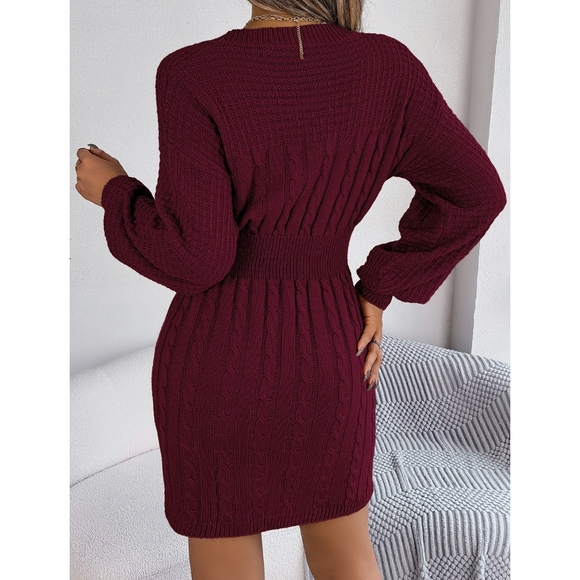 Wine Round Neck Sweater Dress - Picture 5 of 7